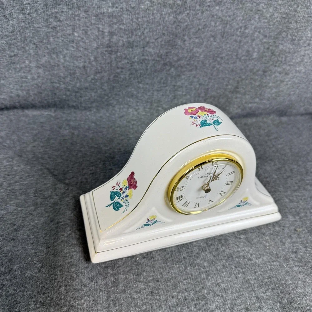 Vintage Laura Ashley Floral Mantel Clock White Ceramic Quartz Analog Table Decor